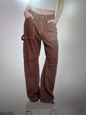 Lioness Dark Brown Wide-Leg Cargo Pants with Contrast Stitching